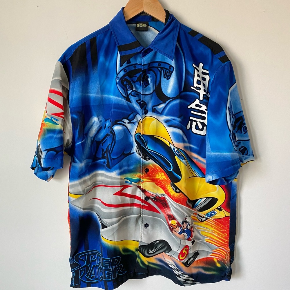 Vintage 2001 Speed Racer all over print Hawaiian anime button up shirt